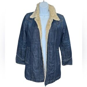Gap women’s vintage faux fur long denim blue jean chore coat barn coat small